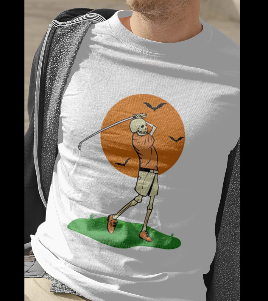 Skeleton Golfer At Sunset With Flying Bats T-Shirt