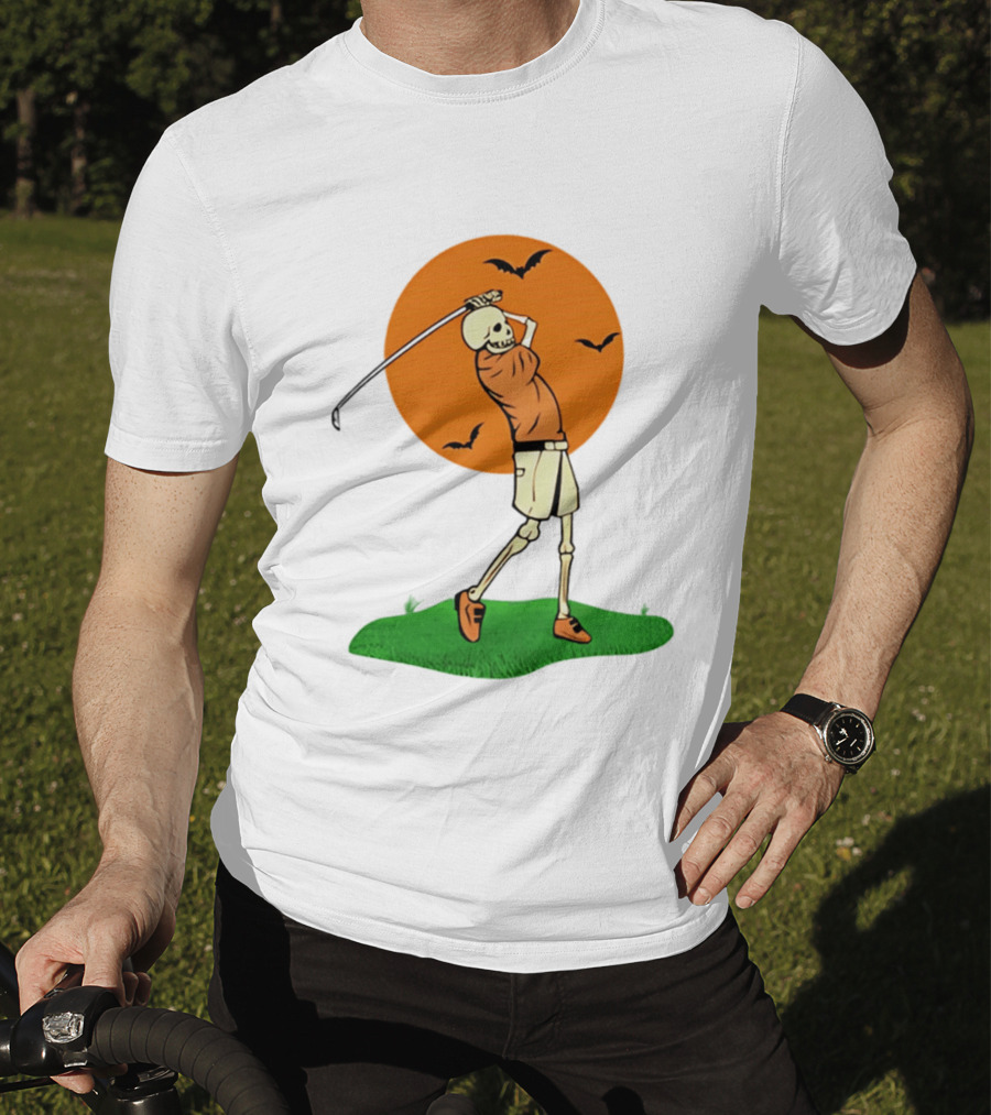 Skeleton Golfer At Sunset With Flying Bats T-Shirt