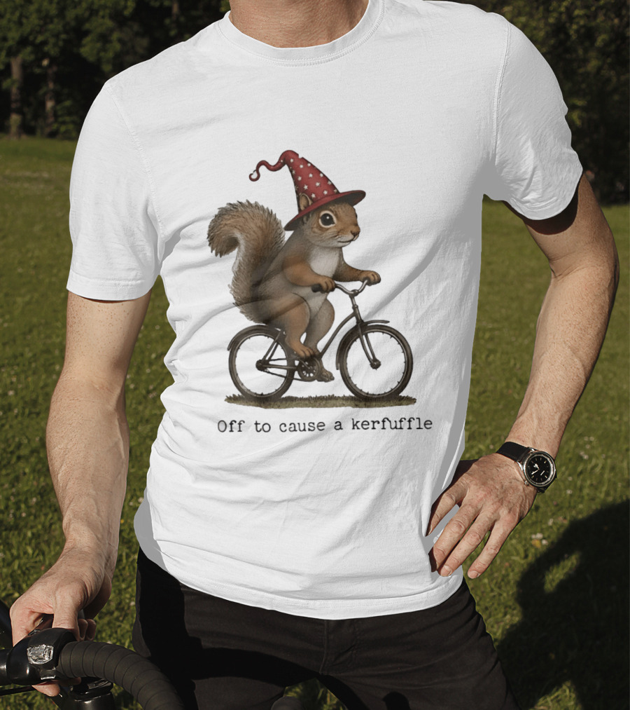 Squirrel In Wizard Hat Riding Bicycle Off To Cause A Kerfuffle T-Shirt