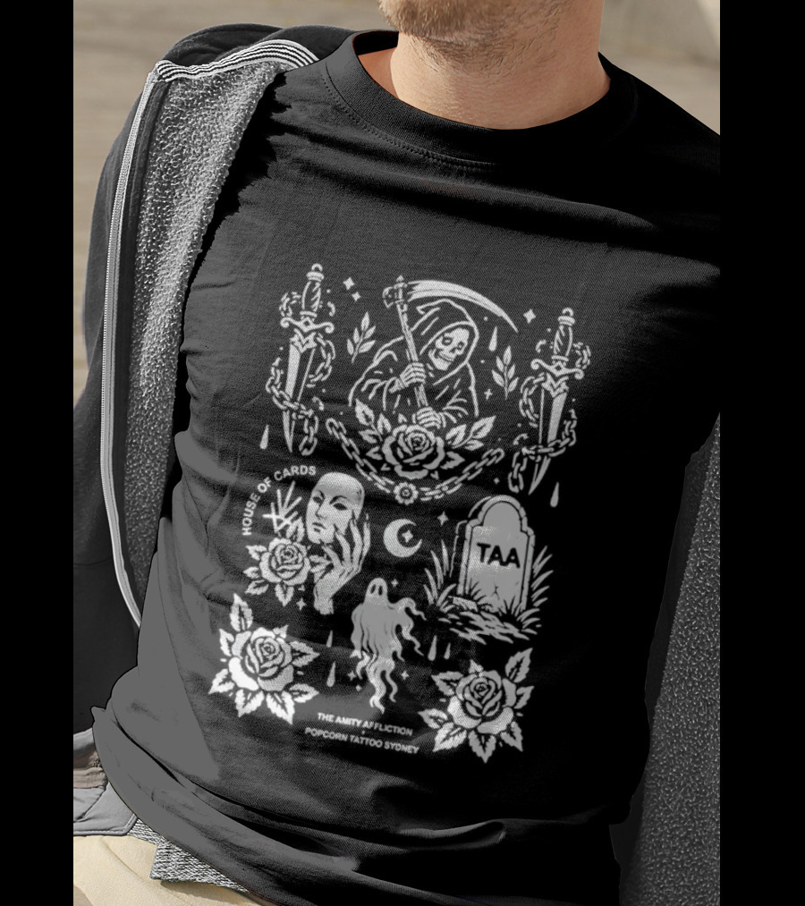 The Amity Affliction X Popcorn Tattoo Sydney Grim Reaper Floral Cemetery TAA T-Shirt