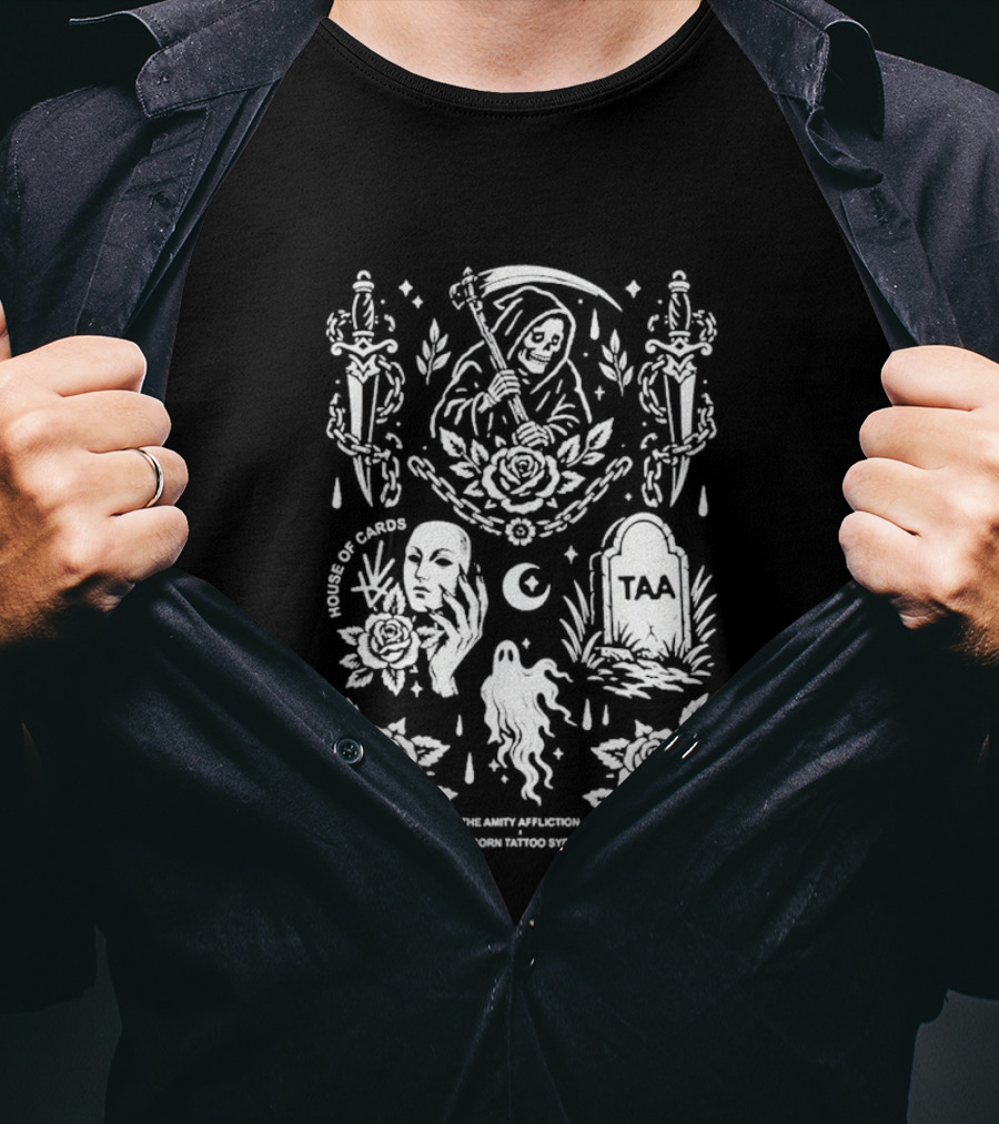 The Amity Affliction X Popcorn Tattoo Sydney Grim Reaper Floral Cemetery TAA T-Shirt