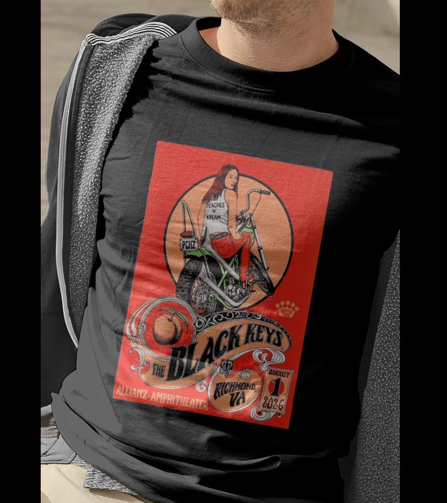 The Black Keys Allianz Amphitheater Richmond VA August 1 2026 Peaches N Kream Motorcycle T-Shirt