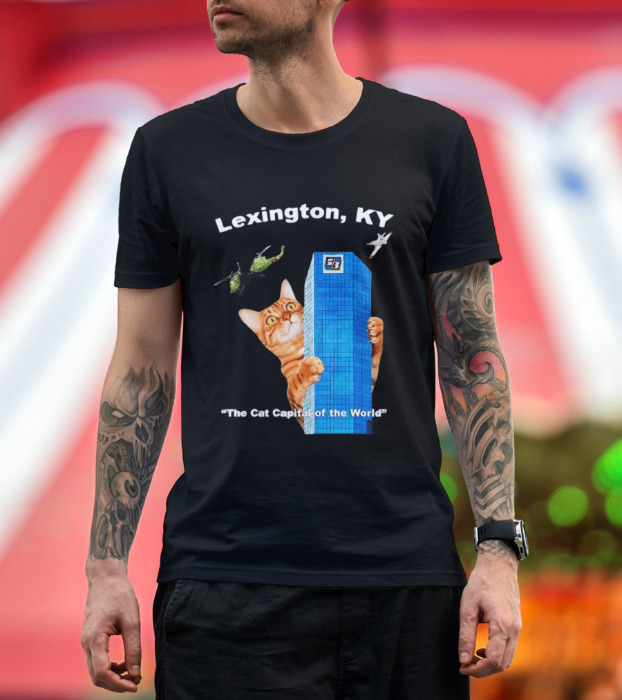 Lexington KY The Cat Capital Of The World Funny Cat With Building And Helicopter T-Shirt