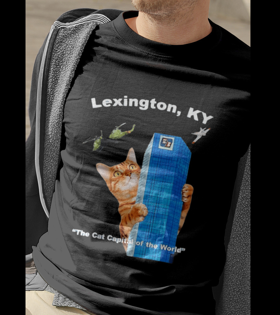 Lexington KY The Cat Capital Of The World Funny Cat With Building And Helicopter T-Shirt
