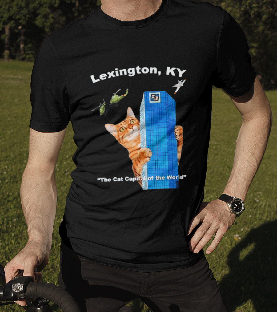 Lexington KY The Cat Capital Of The World Funny Cat With Building And Helicopter T-Shirt
