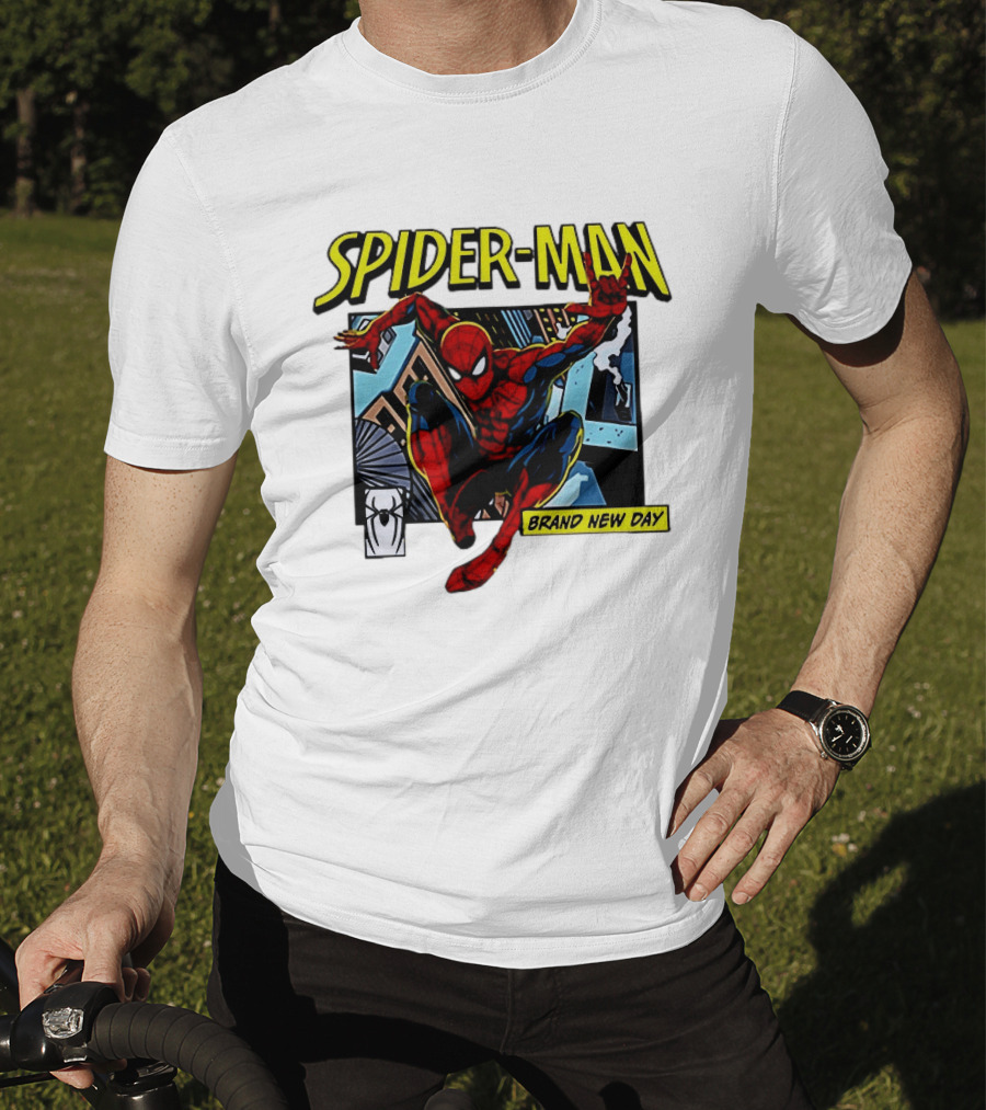 Spider Man Brand New Day Iconic Comic Style Swinging Action T-Shirt