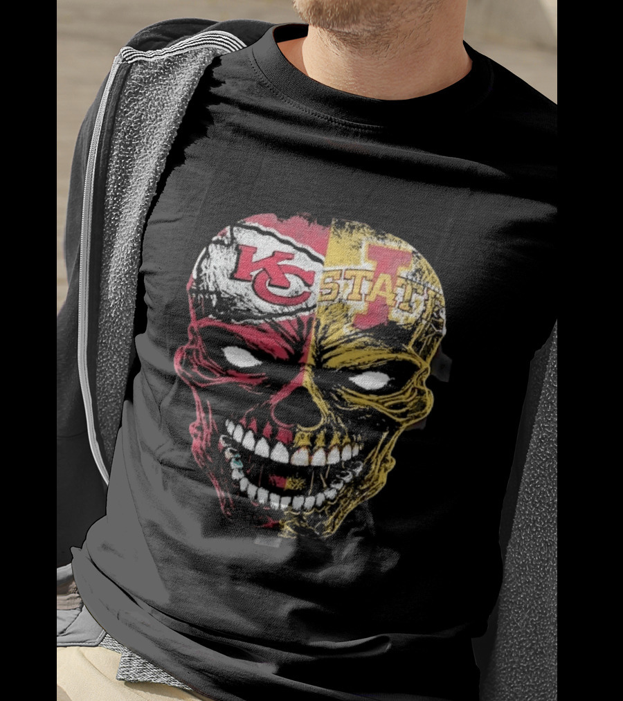 Kansas City Chiefs Iowa State Cyclones Skull Split Face T-Shirt