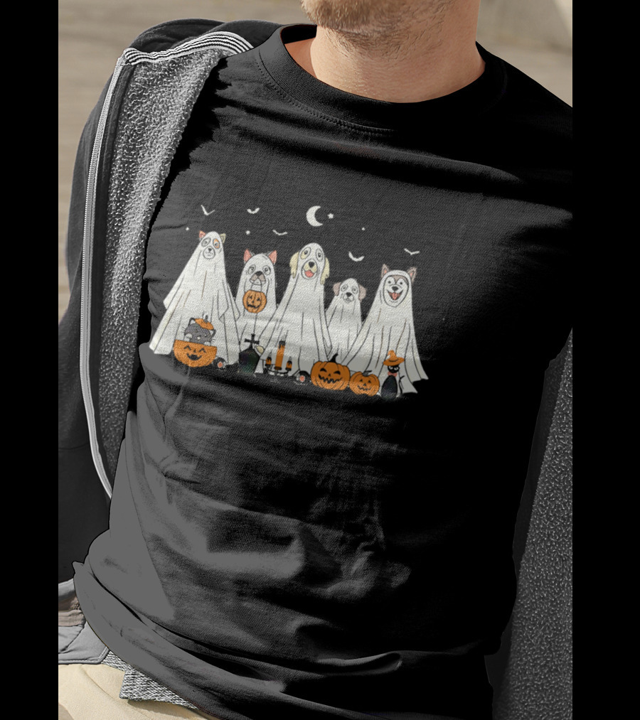 Halloween Ghost Dog Pack With Pumpkins And Moonlit Night T-Shirt