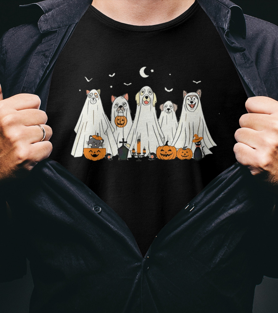 Halloween Ghost Dog Pack With Pumpkins And Moonlit Night T-Shirt