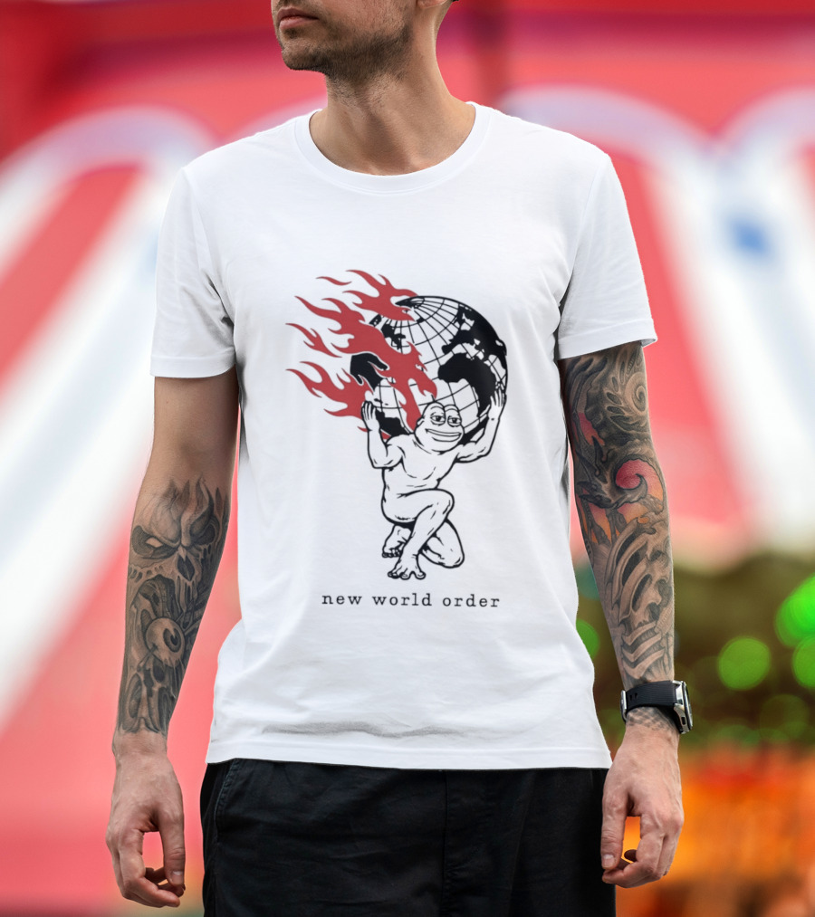 Frog Carrying Burning Earth With Flames New World Order T-Shirt