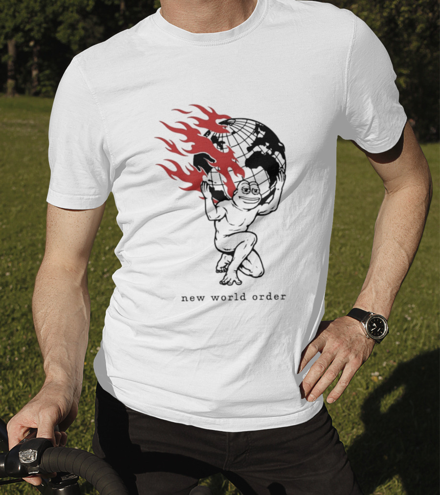 Frog Carrying Burning Earth With Flames New World Order T-Shirt