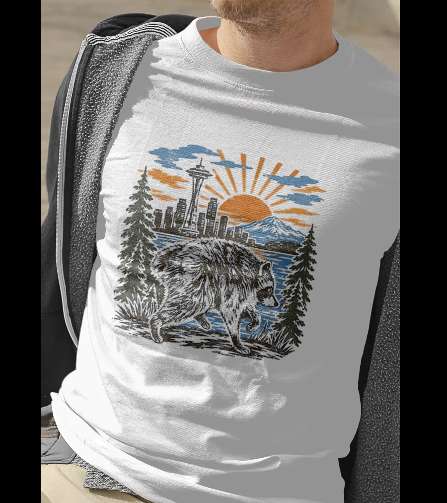 Raccoon Jimothy Seattle Skyline Sunset With Space Needle T-Shirt