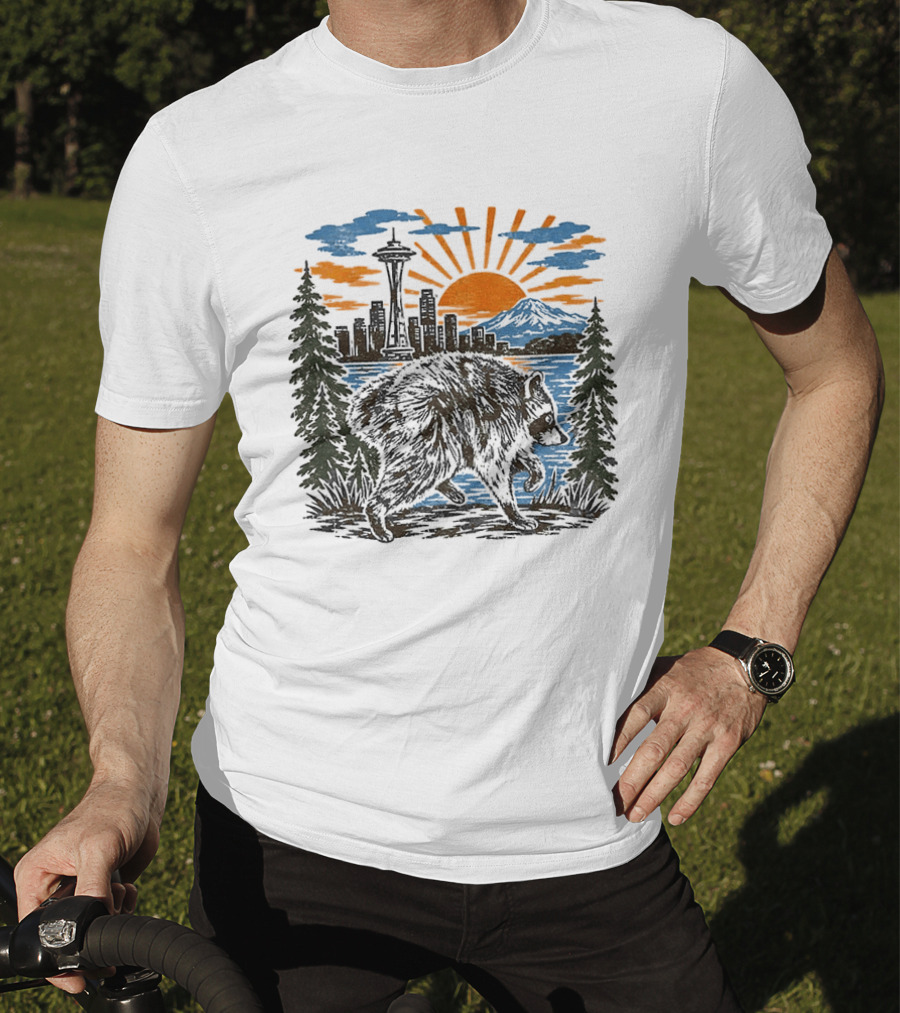 Raccoon Jimothy Seattle Skyline Sunset With Space Needle T-Shirt