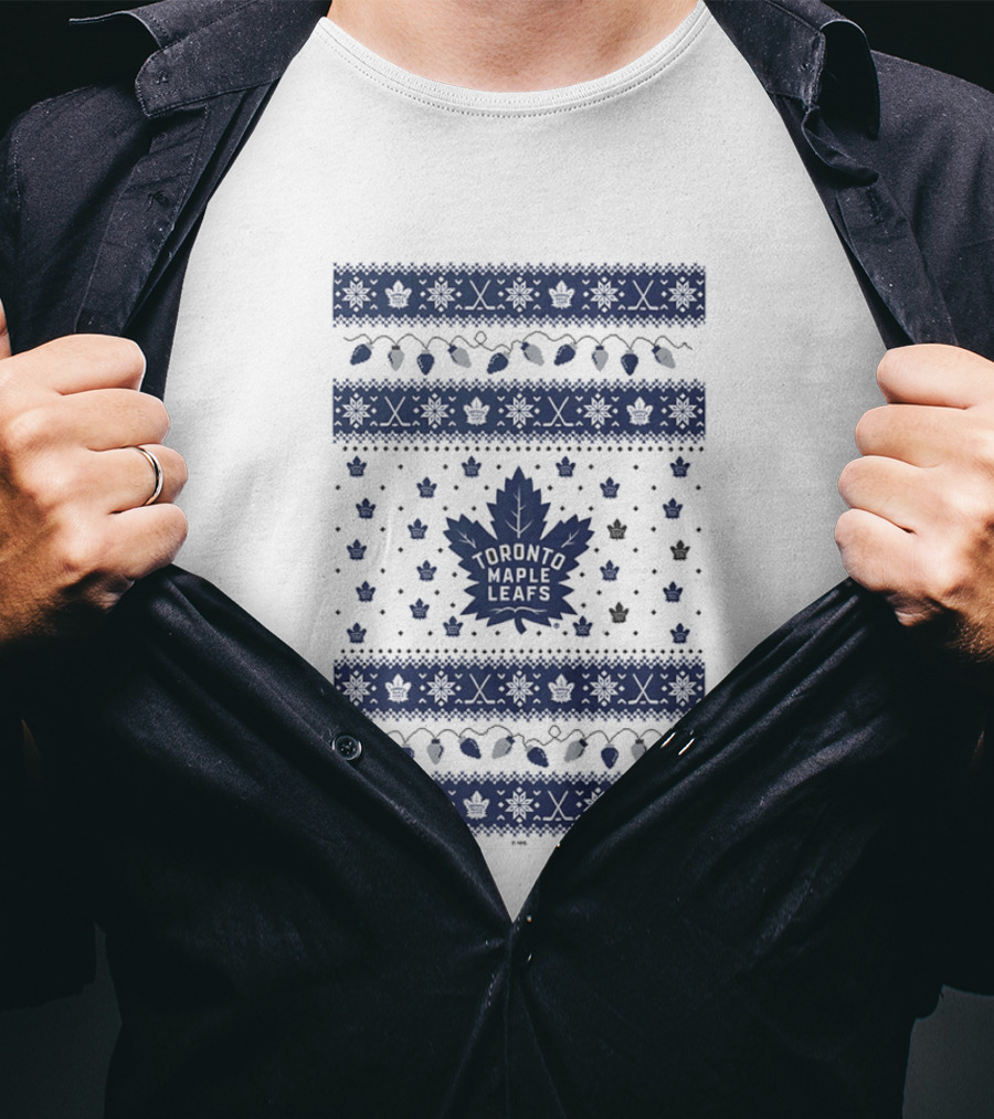 Toronto Maple Leafs Holiday Lights Festive Pattern Leafs Logo Snowflakes T-Shirt