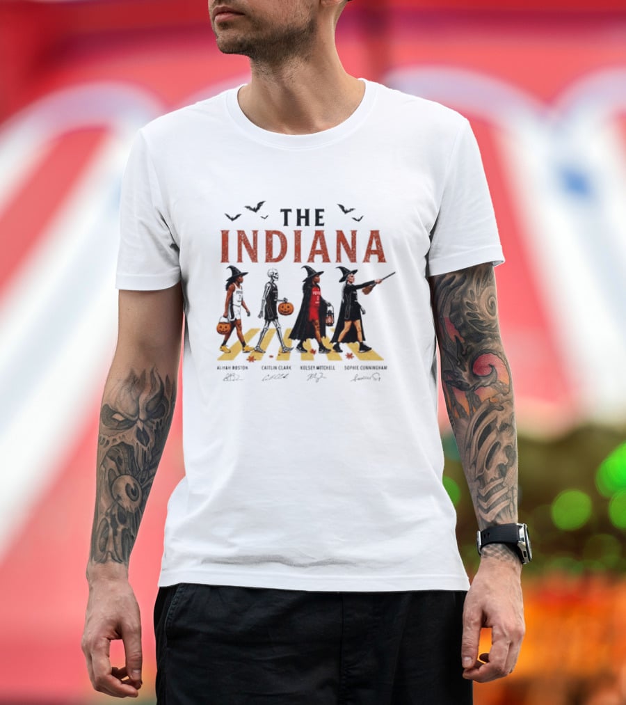 The Indiana Fever WNBA Aliyah Boston Caitlin Clark Kelsey Mitchell Sophie Cunningham Halloween Crosswalk Skeleton Witches Pumpkin T-Shirt