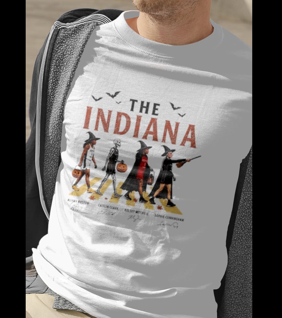The Indiana Fever WNBA Aliyah Boston Caitlin Clark Kelsey Mitchell Sophie Cunningham Halloween Crosswalk Skeleton Witches Pumpkin T-Shirt