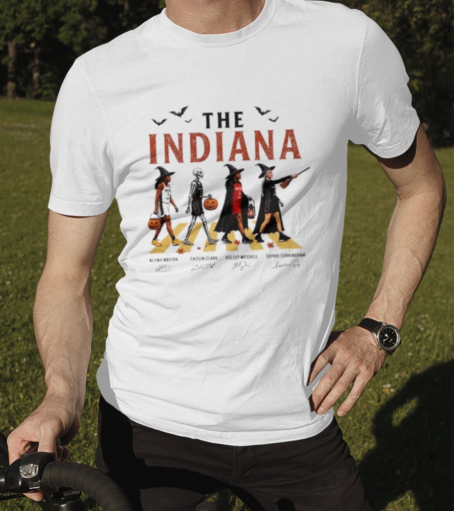 The Indiana Fever WNBA Aliyah Boston Caitlin Clark Kelsey Mitchell Sophie Cunningham Halloween Crosswalk Skeleton Witches Pumpkin T-Shirt