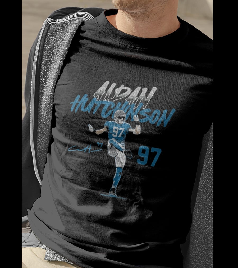 Aidan Hutchinson 97 Detroit Lions Football Player Signature NFL T-Shirt