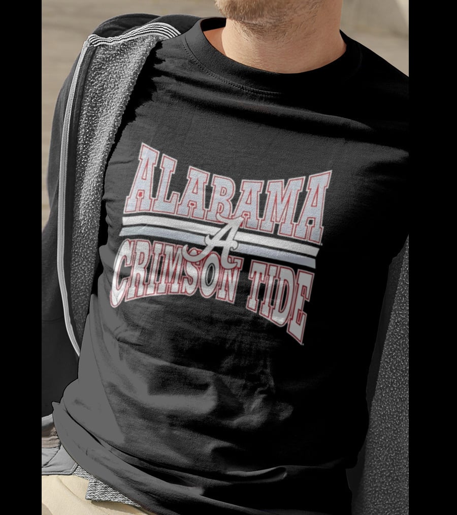 Alabama Crimson Tide Script A Curved Stripes Block Lettering T-Shirt