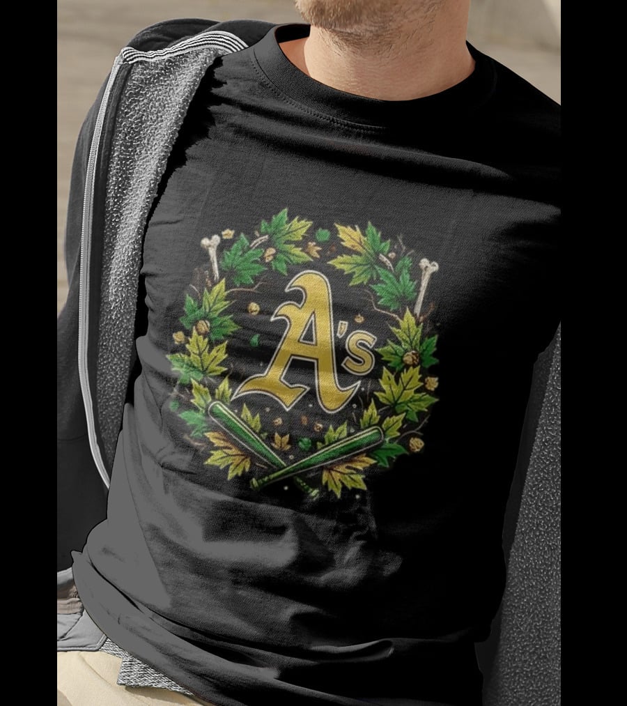 A's Halloween Maple Leaves Skull Crossed Bats Baseballs T-Shirt