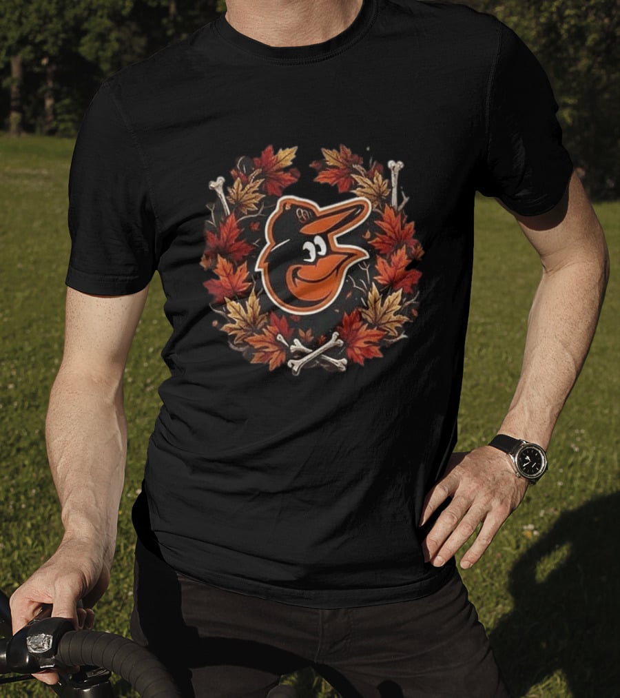 Baltimore Orioles Halloween Maple Leaves Skull Crossed Bats Baseballs T-Shirt