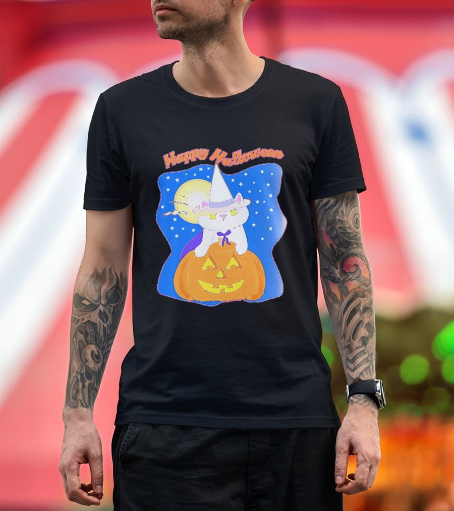Happy Halloween Cat Witch On Pumpkin With Full Moon And Stars T-Shirt