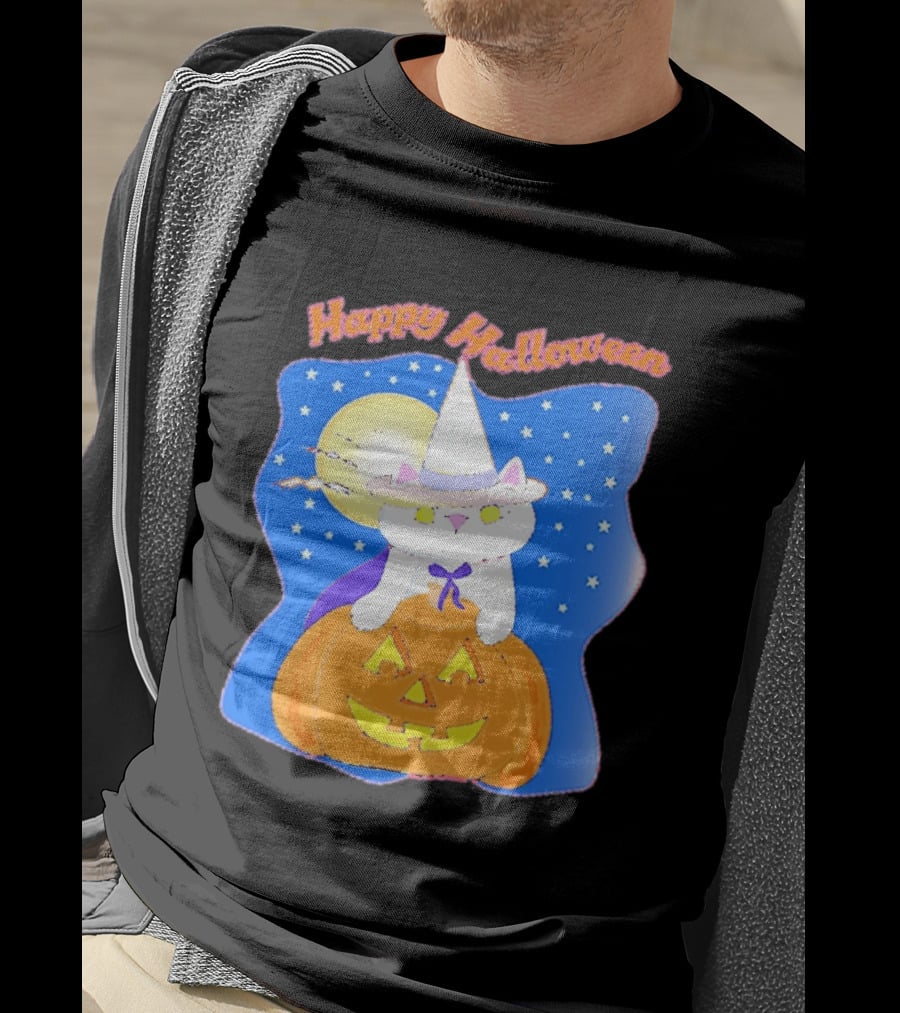 Happy Halloween Cat Witch On Pumpkin With Full Moon And Stars T-Shirt