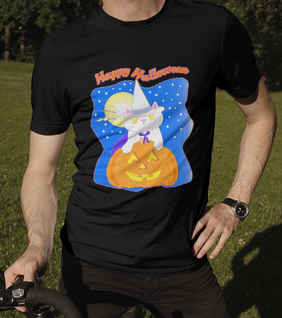 Happy Halloween Cat Witch On Pumpkin With Full Moon And Stars T-Shirt