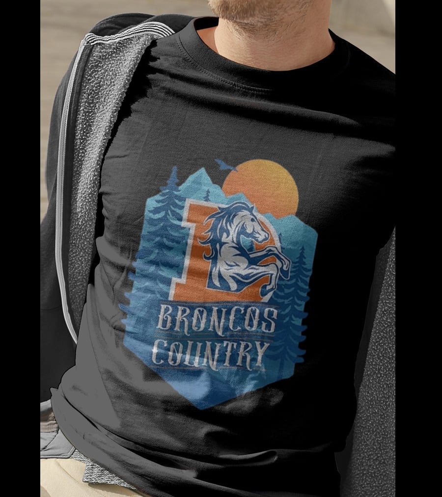 Denver Broncos Country Logo Football Mountain Sunset T-Shirt