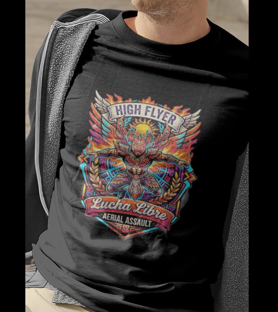High Flyer Lucha Libre Aerial Assault Winged Masked Wrestler Sun Flames T-Shirt