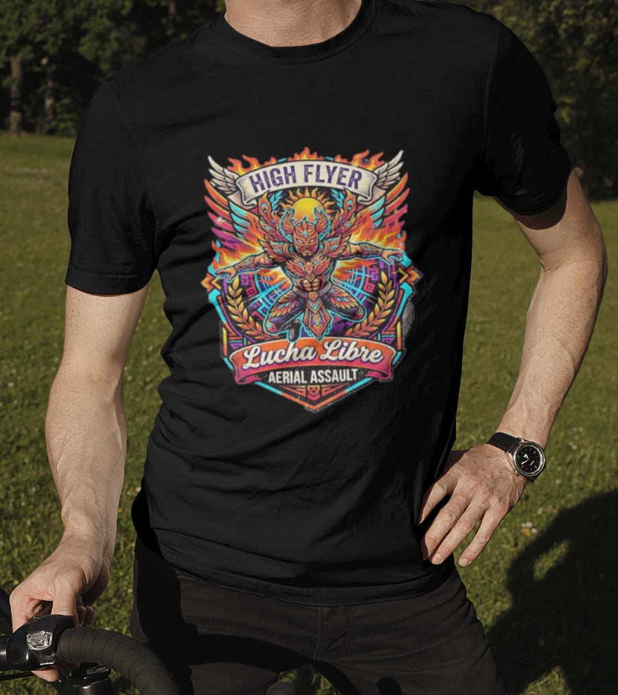 High Flyer Lucha Libre Aerial Assault Winged Masked Wrestler Sun Flames T-Shirt