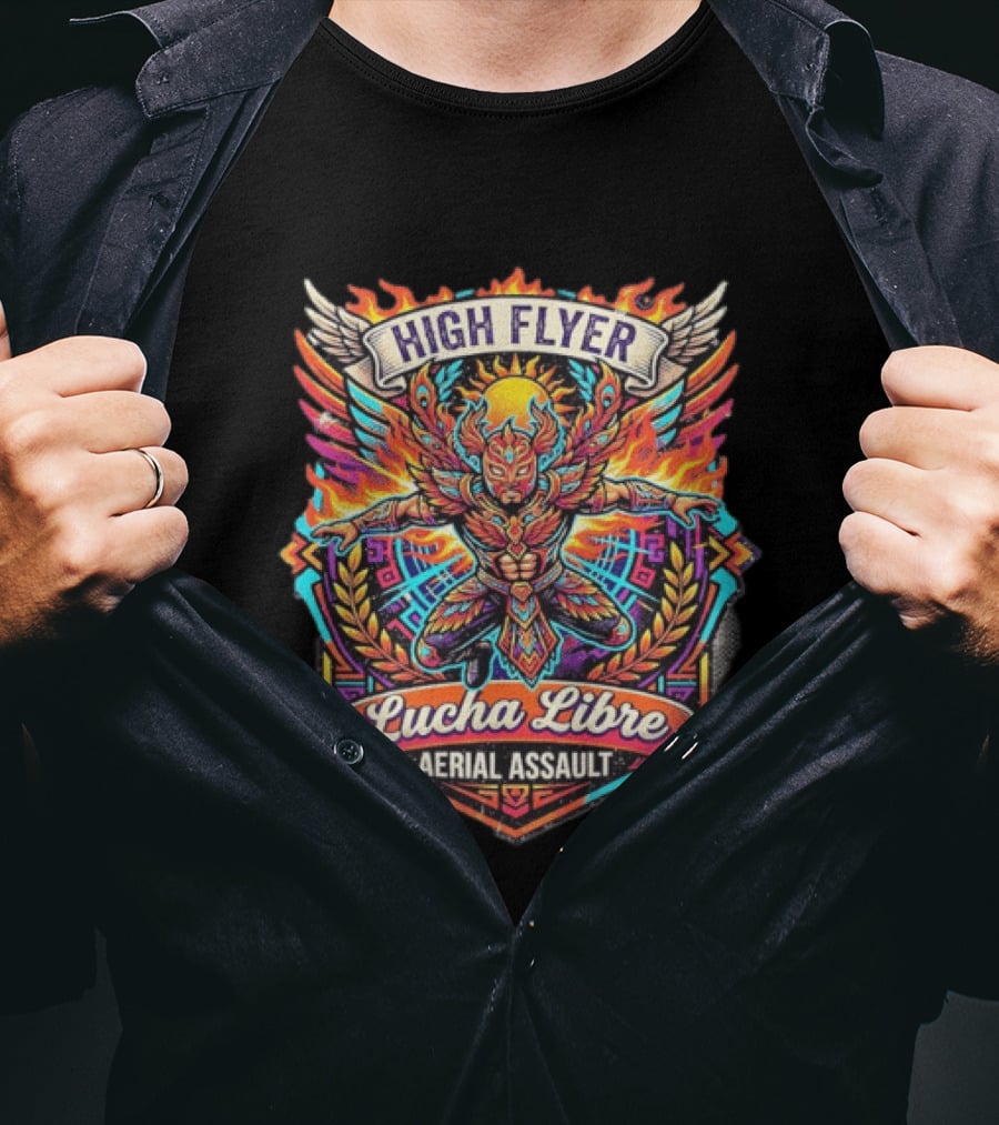 High Flyer Lucha Libre Aerial Assault Winged Masked Wrestler Sun Flames T-Shirt