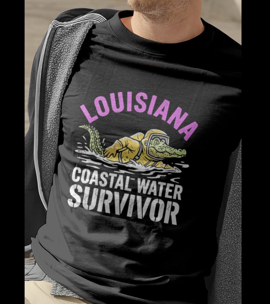 Louisiana Coastal Water Survivor Cartoon Alligator Yellow Hazmat Suit T-Shirt