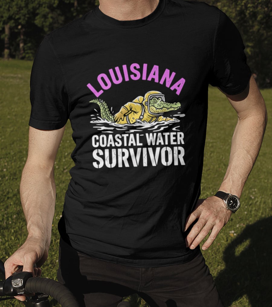 Louisiana Coastal Water Survivor Cartoon Alligator Yellow Hazmat Suit T-Shirt