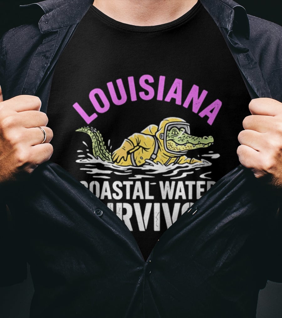 Louisiana Coastal Water Survivor Cartoon Alligator Yellow Hazmat Suit T-Shirt