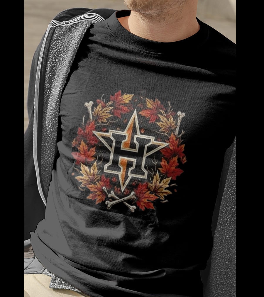 Houston Astros Halloween Maple Leaves Skull Crossed Bats Baseballs T-Shirt