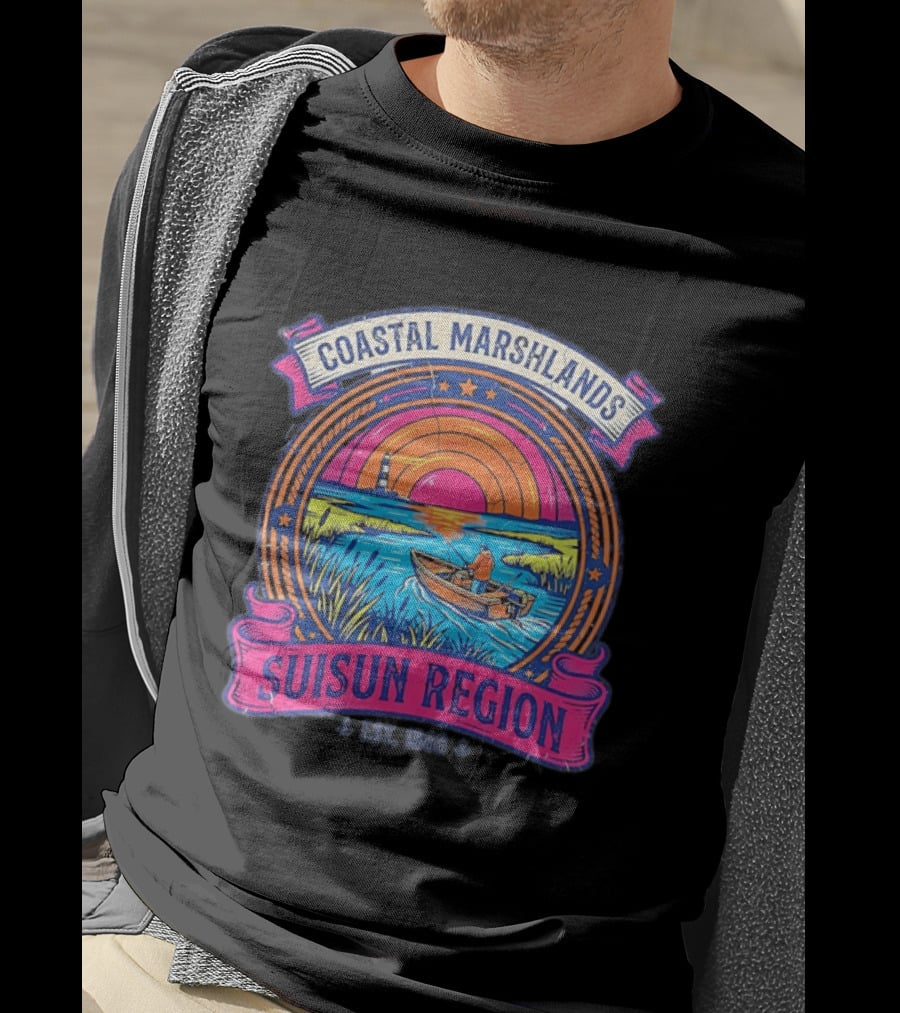 Coastal Marshlands Suisun Region Established 1868 Distressed Sunset Lighthouse Fisherman Boat Marsh T-Shirt