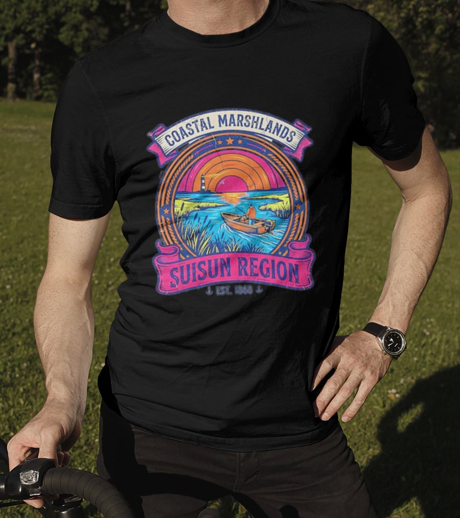 Coastal Marshlands Suisun Region Established 1868 Distressed Sunset Lighthouse Fisherman Boat Marsh T-Shirt