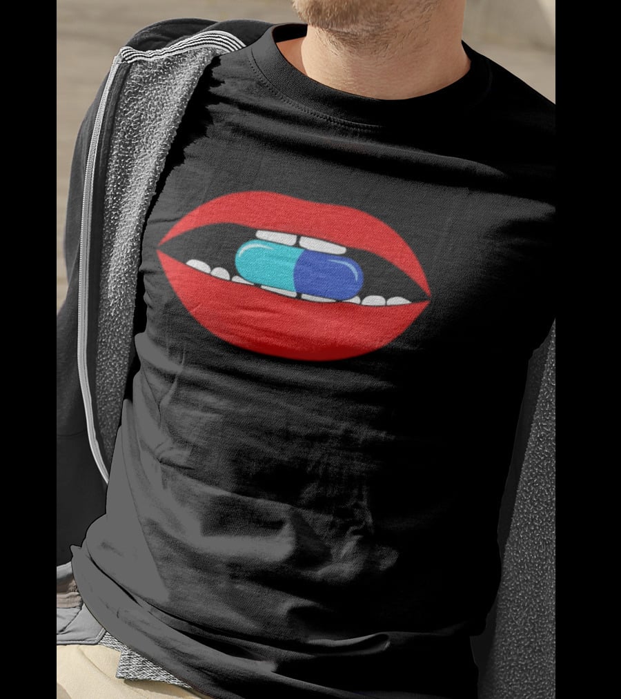 Red Lips Blue And Cyan Pill Bite T-Shirt