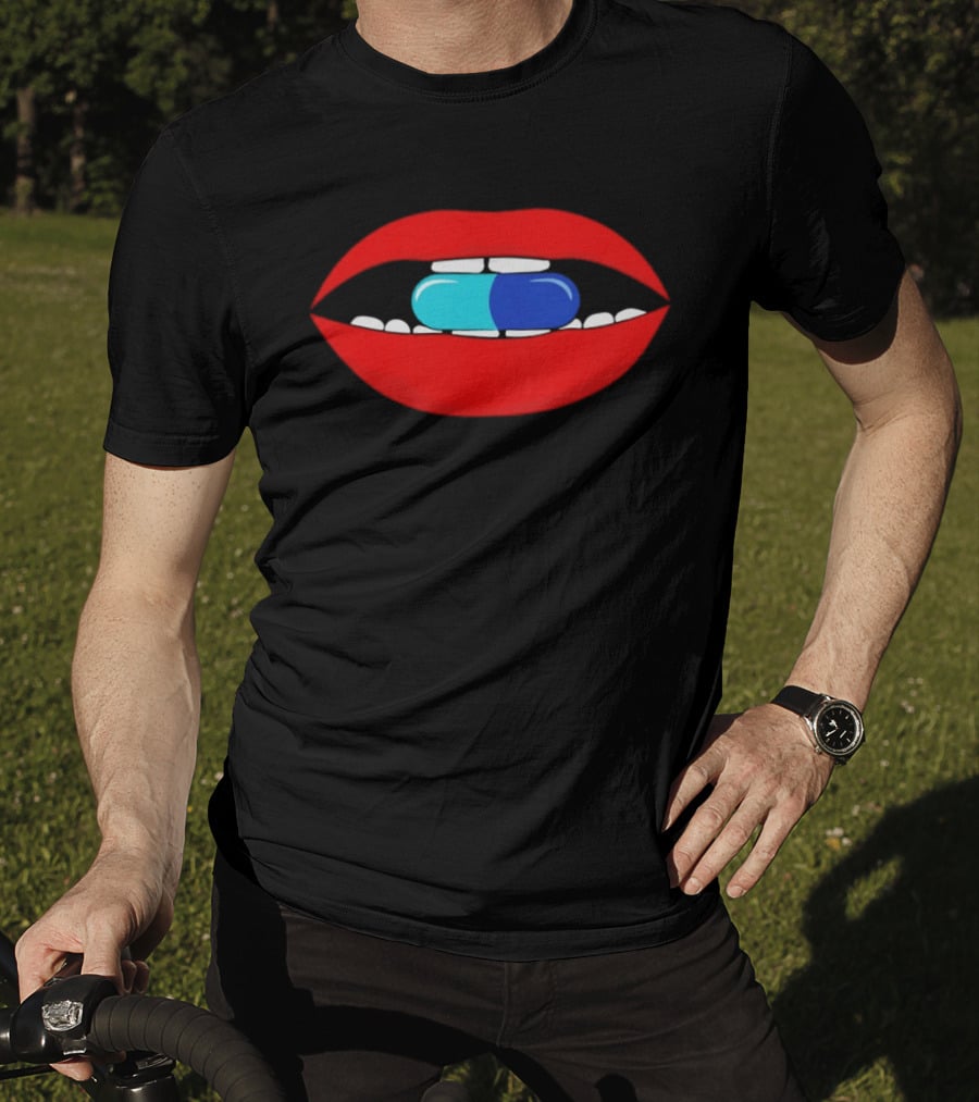 Red Lips Blue And Cyan Pill Bite T-Shirt