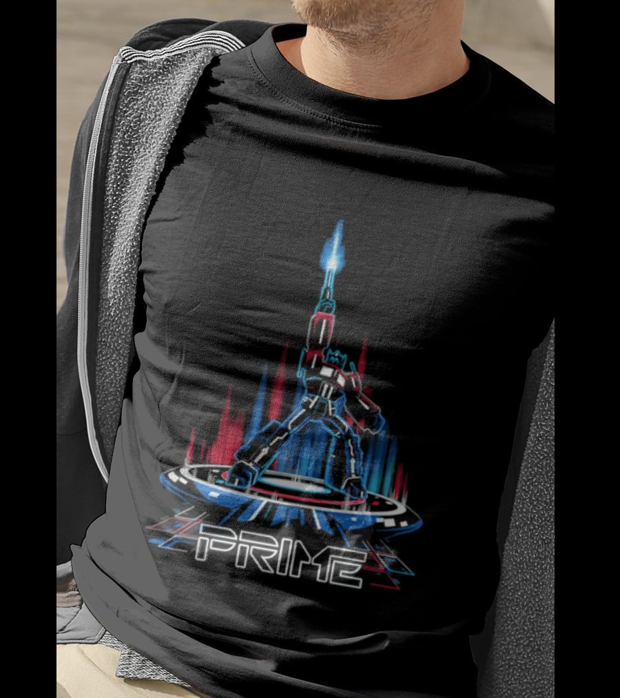 Prime Neon Robot Raising Glowing Light Beam Circular Platform T-Shirt