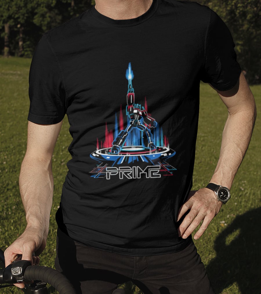 Prime Neon Robot Raising Glowing Light Beam Circular Platform T-Shirt