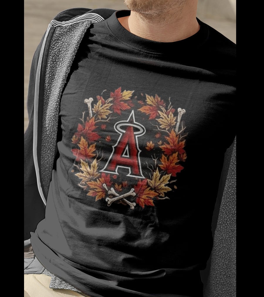 Los Angeles Angels Maple Leaves Skull Crossed Bats Baseballs Halloween T-Shirt