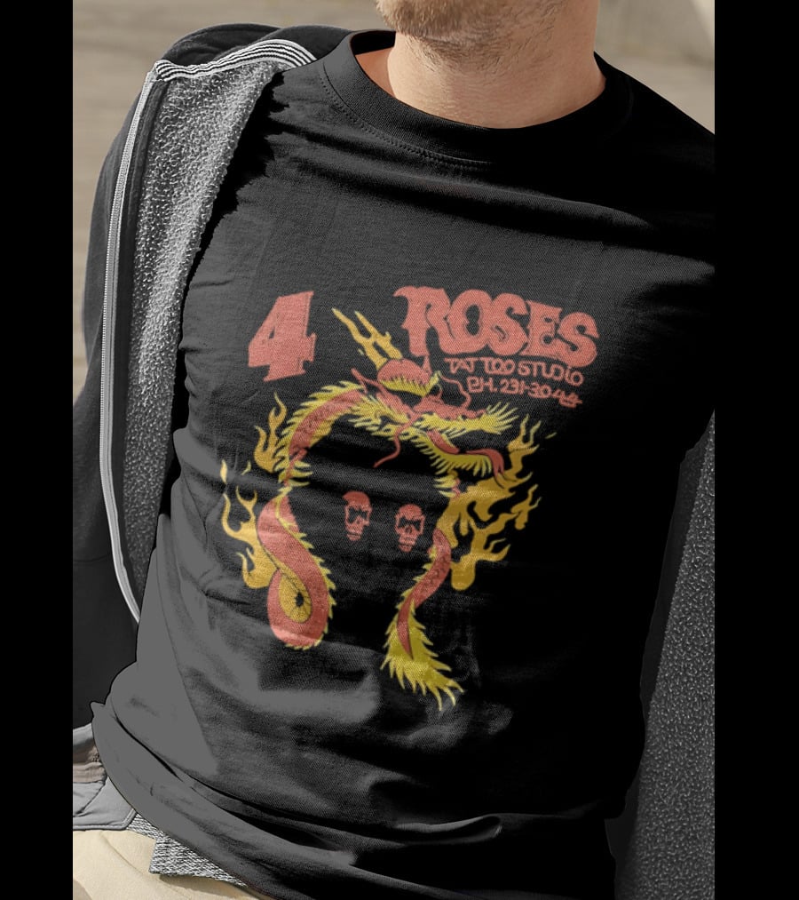4 Roses Tattoo Studio Ph 231 3044 Dragon Yellow Flames Red Skulls T-Shirt