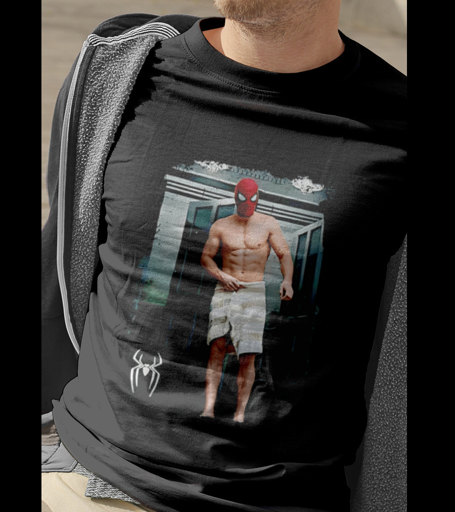 Spider Man Masked Figure In Towel Scene With Iconic White Spider T-Shirt