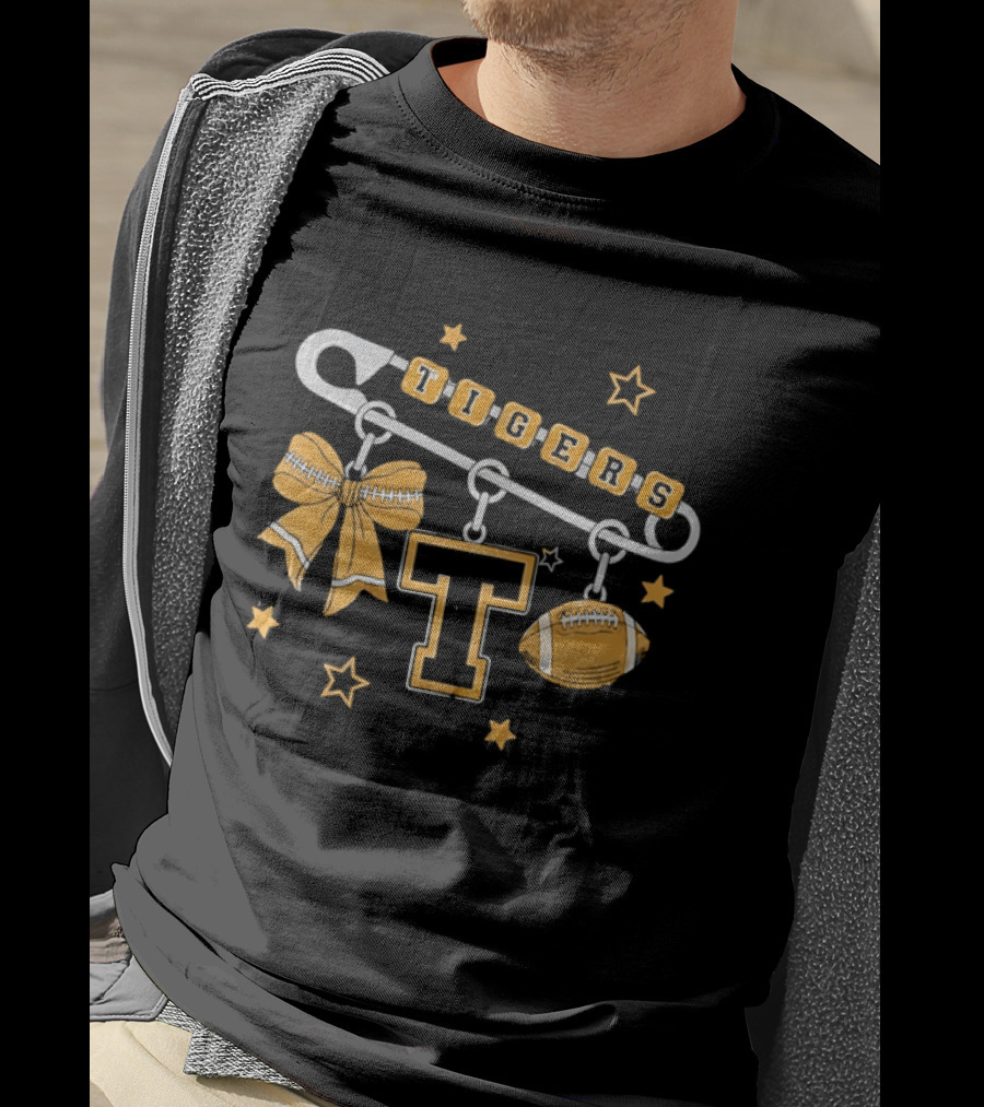 Tigers Cheer Bow Safety Pin Varsity Letter Football Charms Stars T-Shirt