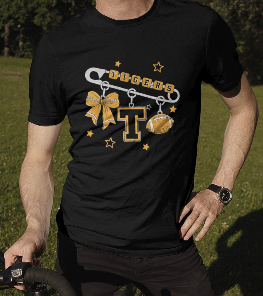 Tigers Cheer Bow Safety Pin Varsity Letter Football Charms Stars T-Shirt