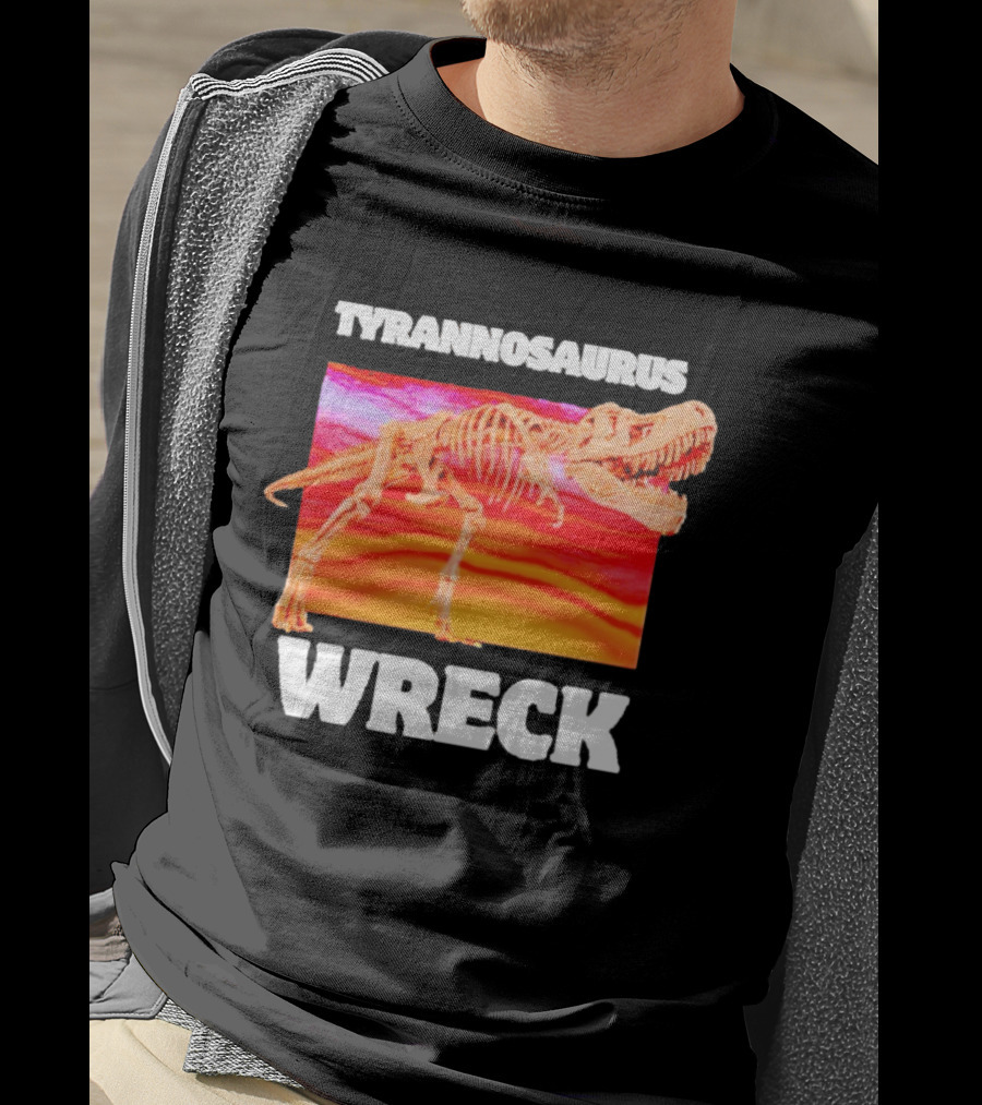 Tyrannosaurus Wreck Dinosaur Pun With Rex Skeleton On Sunset T-Shirt