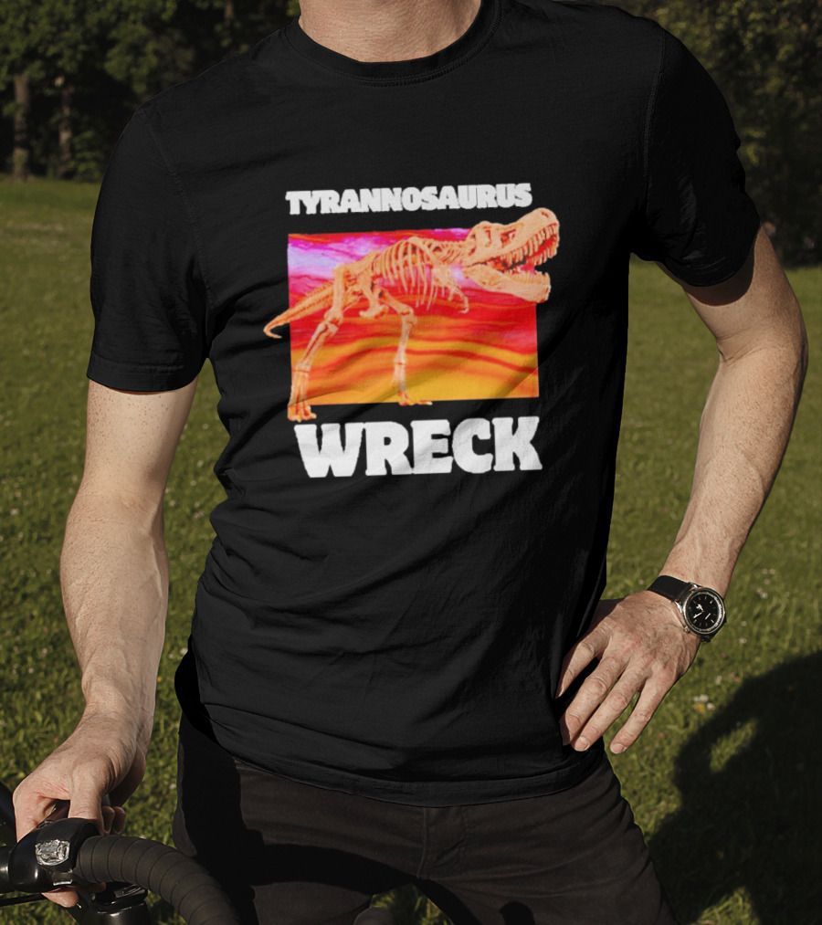 Tyrannosaurus Wreck Dinosaur Pun With Rex Skeleton On Sunset T-Shirt
