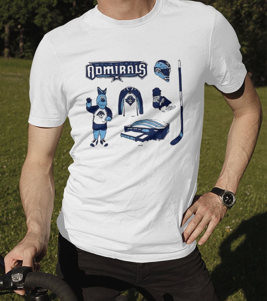 Milwaukee Admirals Hockey Mascot Jersey Helmet Skates Stick Goalie Equipment T-Shirt